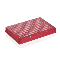 PCR Plate, 96-Well, 0.15mL, Rigid, PC/PP, Low Prof, Red, Trans. Well, Skrtd, BIO-CERT® PCR / PK 50