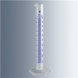 Graduated cylinders, 50:1 ml,  /- 0.5 ml, PP, cl.B, tall, spout, hex. base, blue / EA